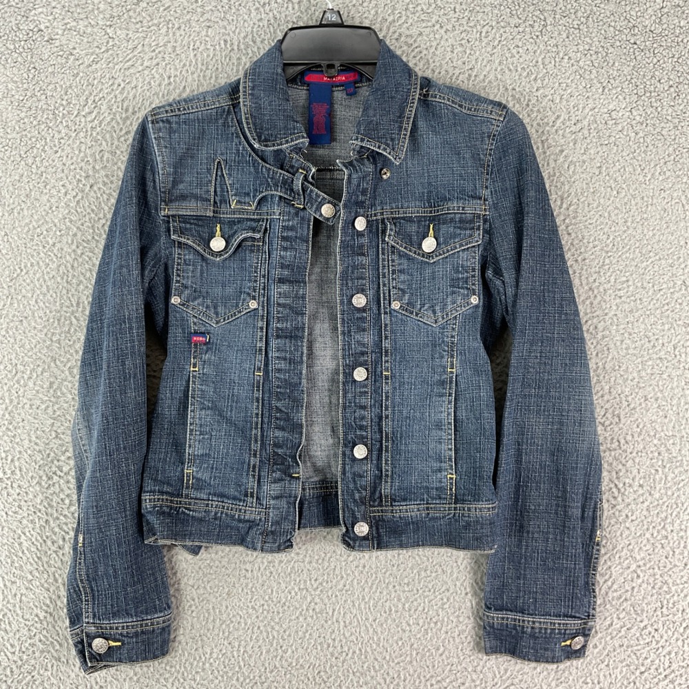 BCBG Max Azria Denim Jacket Women's 2SP Dark Wash D-Ring Trucker Y2K Designer